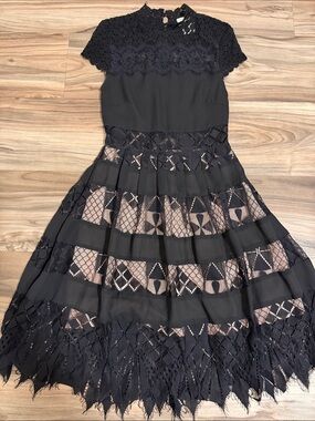 Foxiedox Bravo Zulu Lace Fit & Flare Black Sheer Insert Cocktail Dress Size XS